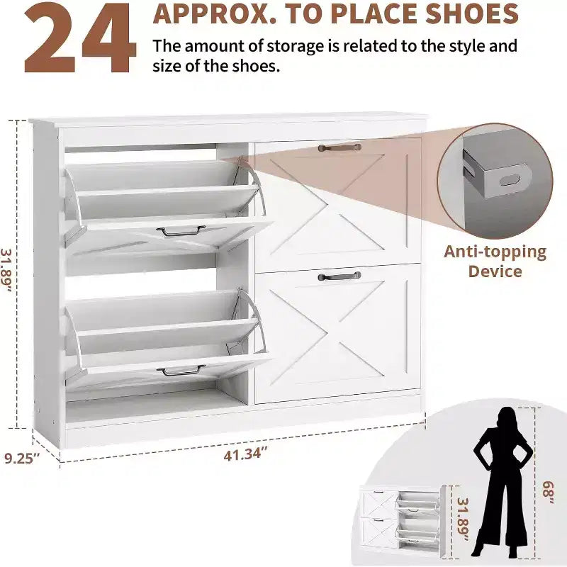 Meuble à chaussures avec 4 tiroirs à abattant, rangement d'entrée de 104 cm de large, étagère de rangement étroite en bois autoportante, blanc