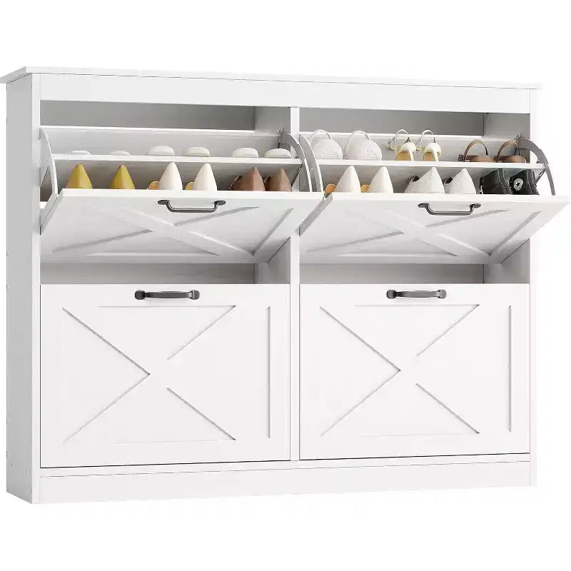 Meuble à chaussures avec 4 tiroirs à abattant, rangement d'entrée de 104 cm de large, étagère de rangement étroite en bois autoportante, blanc