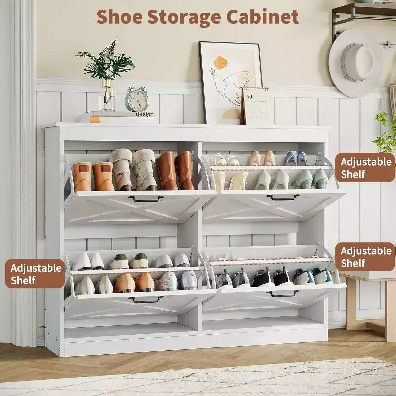 Meuble à chaussures avec 4 tiroirs à abattant, rangement d'entrée de 104 cm de large, étagère de rangement étroite en bois autoportante, blanc