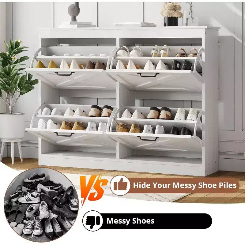 Meuble à chaussures avec 4 tiroirs à abattant, rangement d'entrée de 104 cm de large, étagère de rangement étroite en bois autoportante, blanc