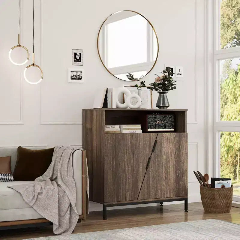 Buffet bas, Buffet en bois, Meuble de rangement avec porte oblique et étagères réglables, Marron