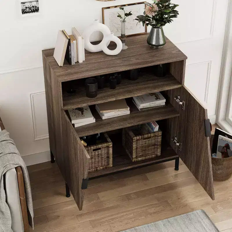 Buffet bas, Buffet en bois, Meuble de rangement avec porte oblique et étagères réglables, Marron