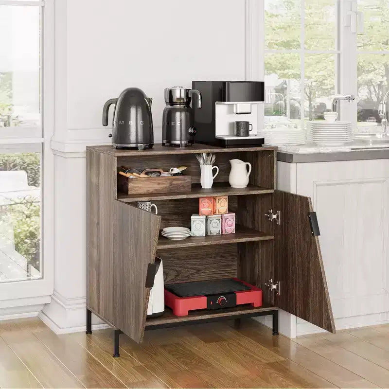 Buffet bas, Buffet en bois, Meuble de rangement avec porte oblique et étagères réglables, Marron