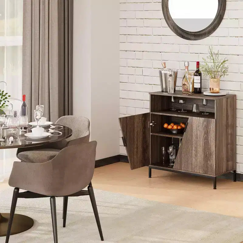Buffet bas, Buffet en bois, Meuble de rangement avec porte oblique et étagères réglables, Marron