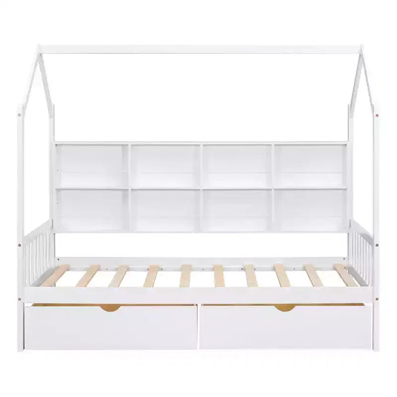 Wooden Twin Size House Bed With 2 Drawers, Storage Shelf Kids' Bed, Multifunctional Sky Roof House Bed Frame, White_Twin Size 1
