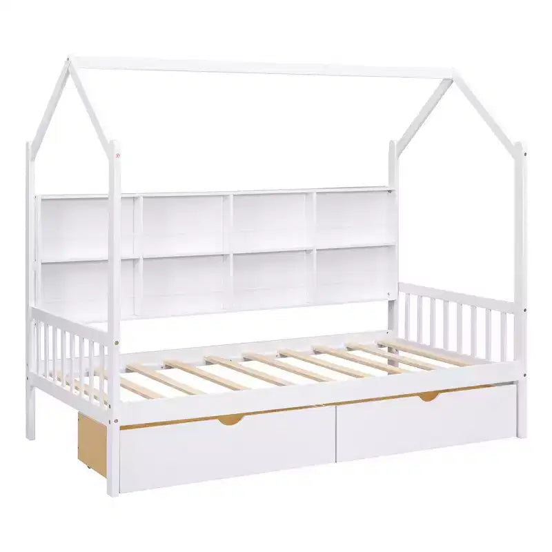 Lit cabane jumeau avec 2 tiroirs et étagère de rangement, cadre de lit cabane pour enfants, blanc