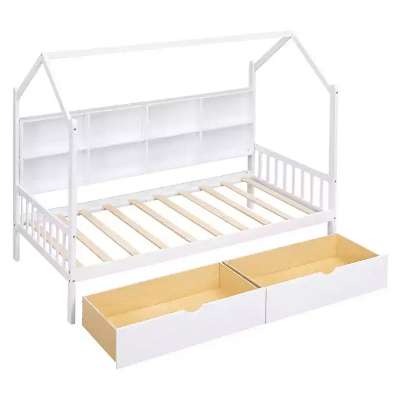 Lit cabane jumeau avec 2 tiroirs et étagère de rangement, cadre de lit cabane pour enfants, blanc