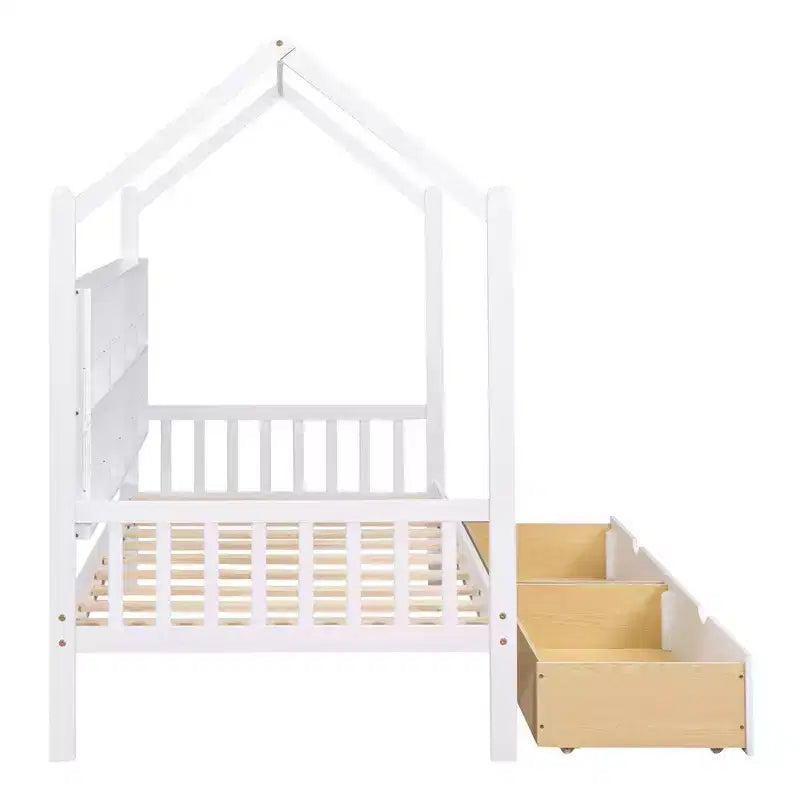Lit cabane jumeau avec 2 tiroirs et étagère de rangement, cadre de lit cabane pour enfants, blanc