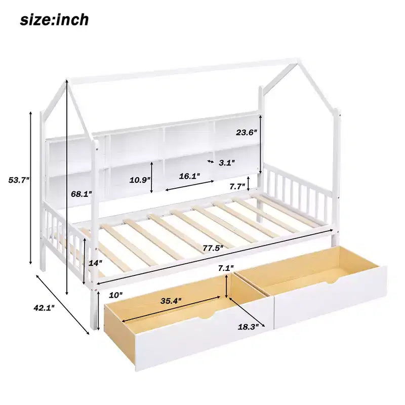 Lit cabane jumeau avec 2 tiroirs et étagère de rangement, cadre de lit cabane pour enfants, blanc