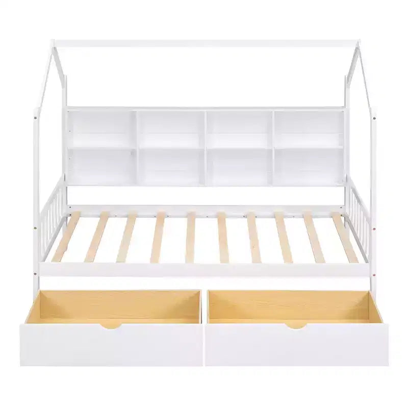 Lit cabane jumeau avec 2 tiroirs et étagère de rangement, cadre de lit cabane pour enfants, blanc