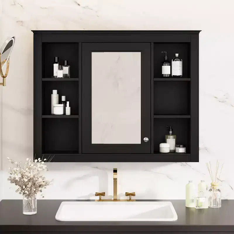 FAMYYT 35 in. W x 27.5 in. H Rectangular MDF Board Surface Mount Bathroom Medicine Cabinet with Mirror, Soft-Close Hinge