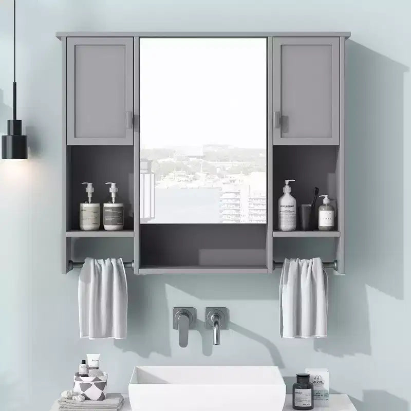Armoire à pharmacie rectangulaire en MDF de 35 po L x 28 po H avec miroir et barre porte-serviettes pour salle de bain