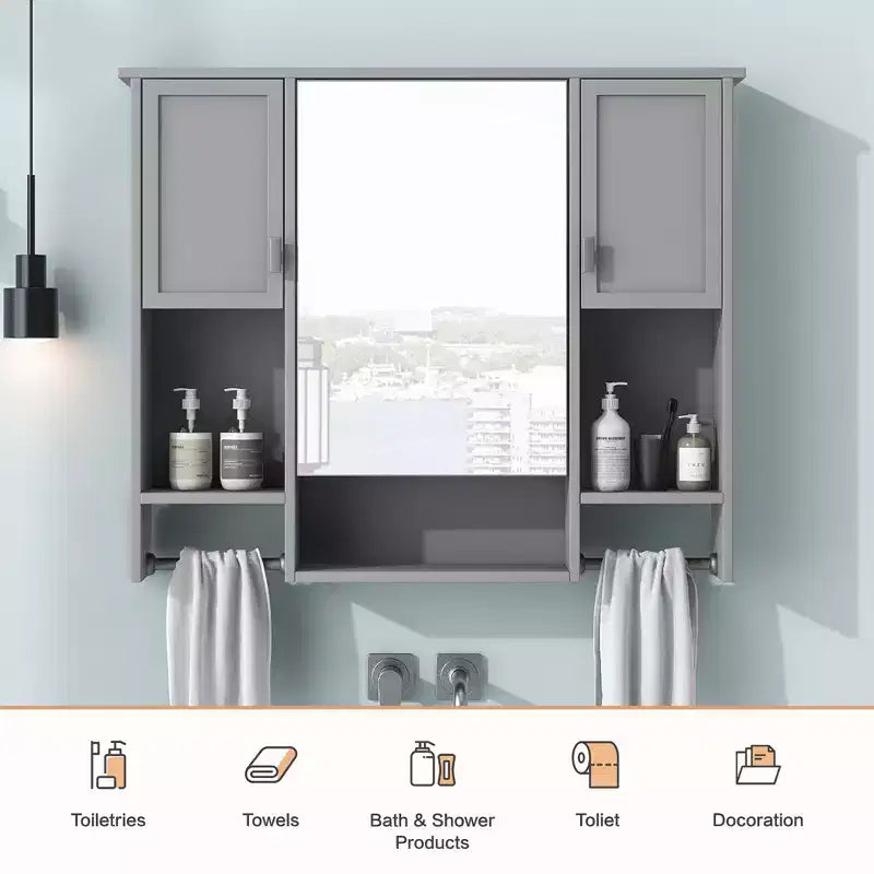 Armoire à pharmacie rectangulaire en MDF de 35 po L x 28 po H avec miroir et barre porte-serviettes pour salle de bain