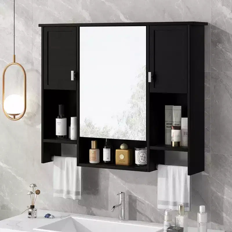 Armoire à pharmacie rectangulaire en MDF de 35 po L x 28 po H avec miroir et barre porte-serviettes pour salle de bain