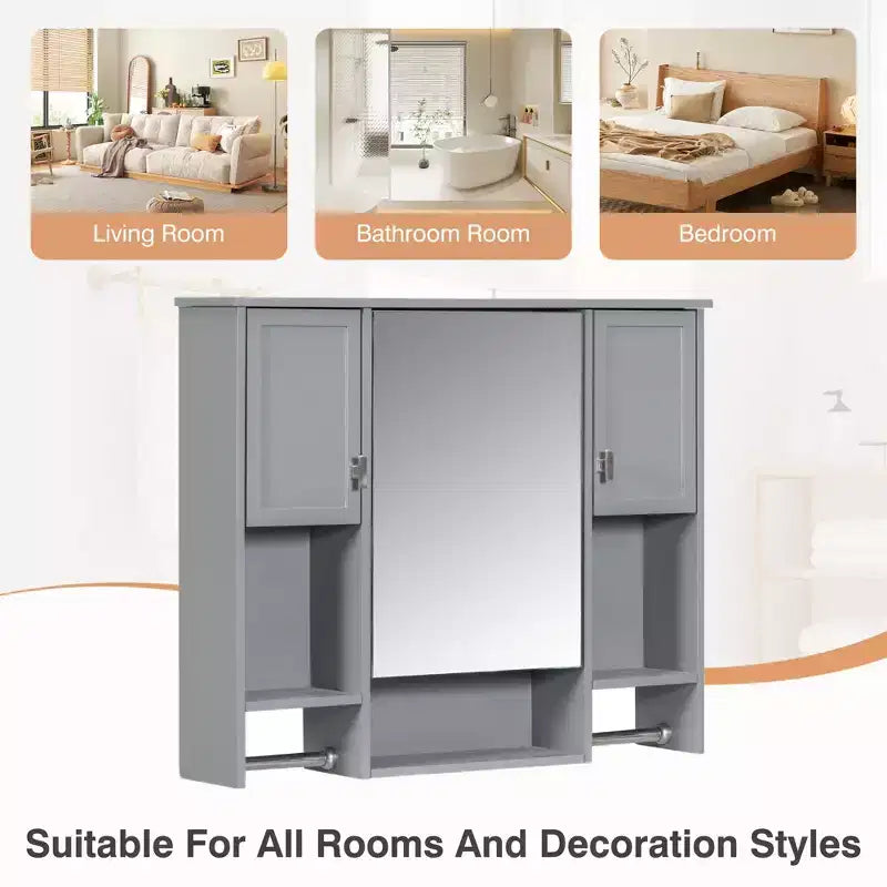Armoire à pharmacie rectangulaire en MDF de 35 po L x 28 po H avec miroir et barre porte-serviettes pour salle de bain