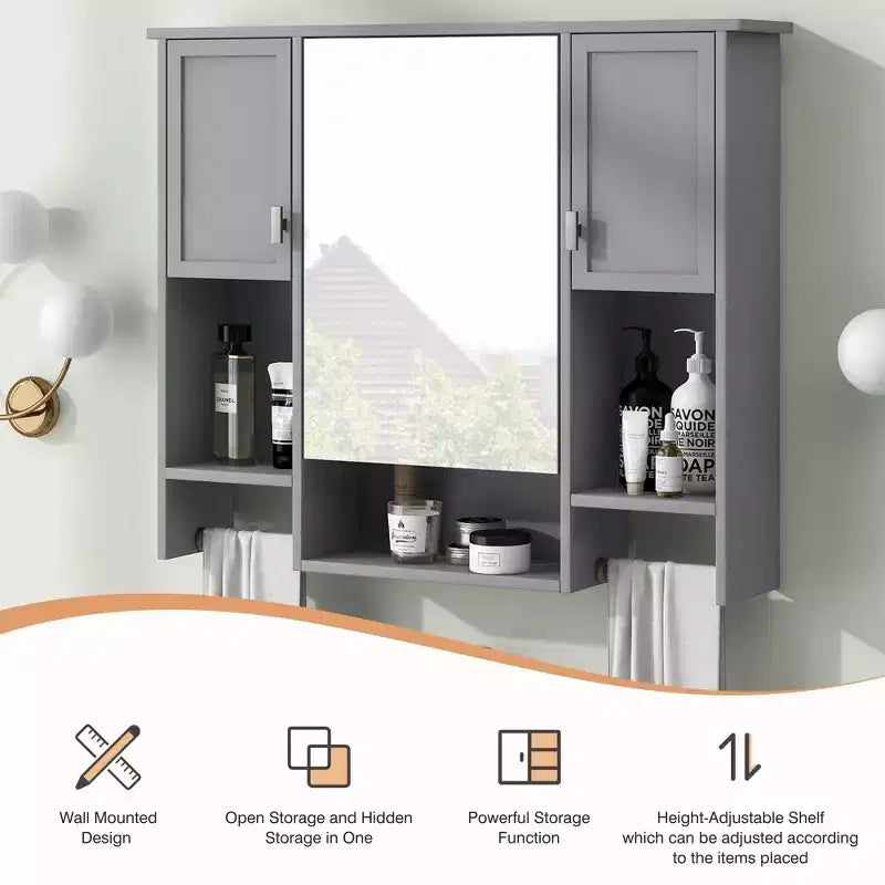 Armoire à pharmacie rectangulaire en MDF de 35 po L x 28 po H avec miroir et barre porte-serviettes pour salle de bain
