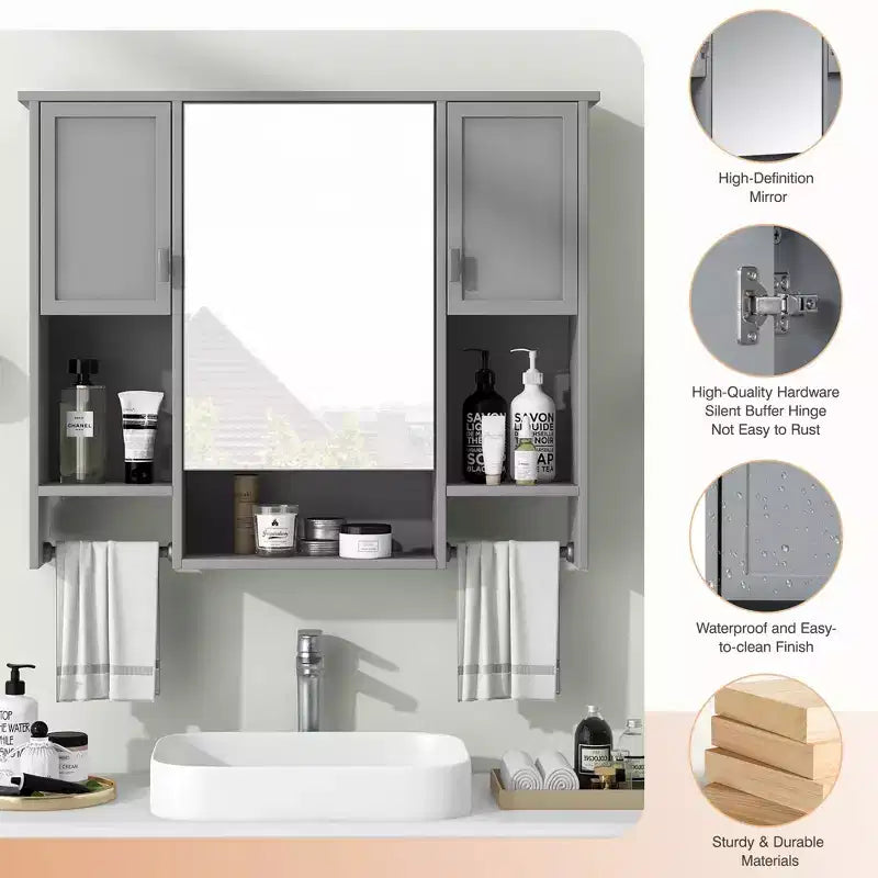 Armoire à pharmacie rectangulaire en MDF de 35 po L x 28 po H avec miroir et barre porte-serviettes pour salle de bain