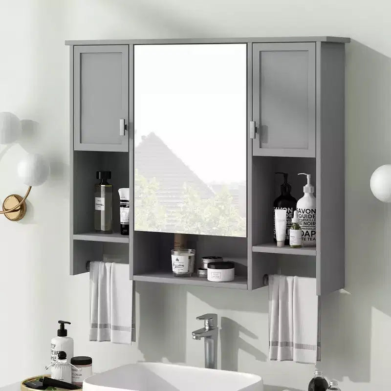 Armoire à pharmacie rectangulaire en MDF de 35 po L x 28 po H avec miroir et barre porte-serviettes pour salle de bain