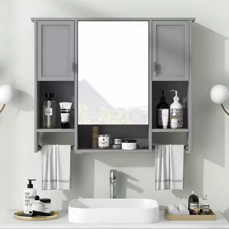 Armoire à pharmacie rectangulaire en MDF de 35 po L x 28 po H avec miroir et barre porte-serviettes pour salle de bain