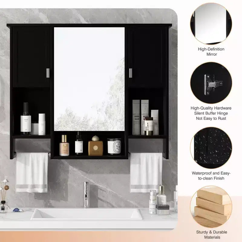 Armoire à pharmacie rectangulaire en MDF de 35 po L x 28 po H avec miroir et barre porte-serviettes pour salle de bain