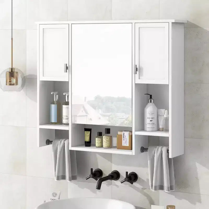 Armoire à pharmacie rectangulaire en MDF de 35 po L x 28 po H avec miroir et barre porte-serviettes pour salle de bain