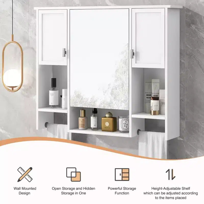 Armoire à pharmacie rectangulaire en MDF de 35 po L x 28 po H avec miroir et barre porte-serviettes pour salle de bain