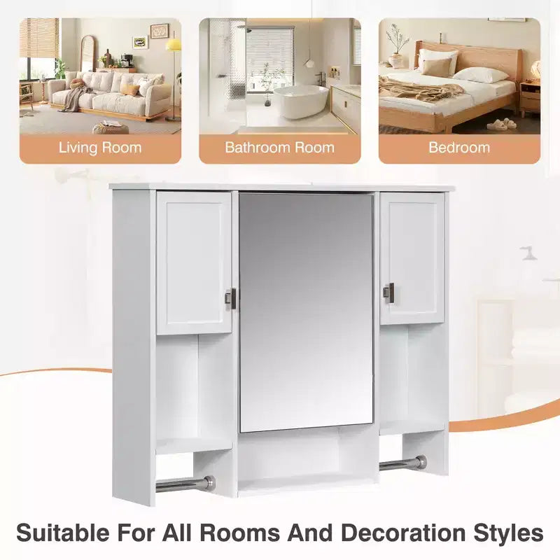 Armoire à pharmacie rectangulaire en MDF de 35 po L x 28 po H avec miroir et barre porte-serviettes pour salle de bain