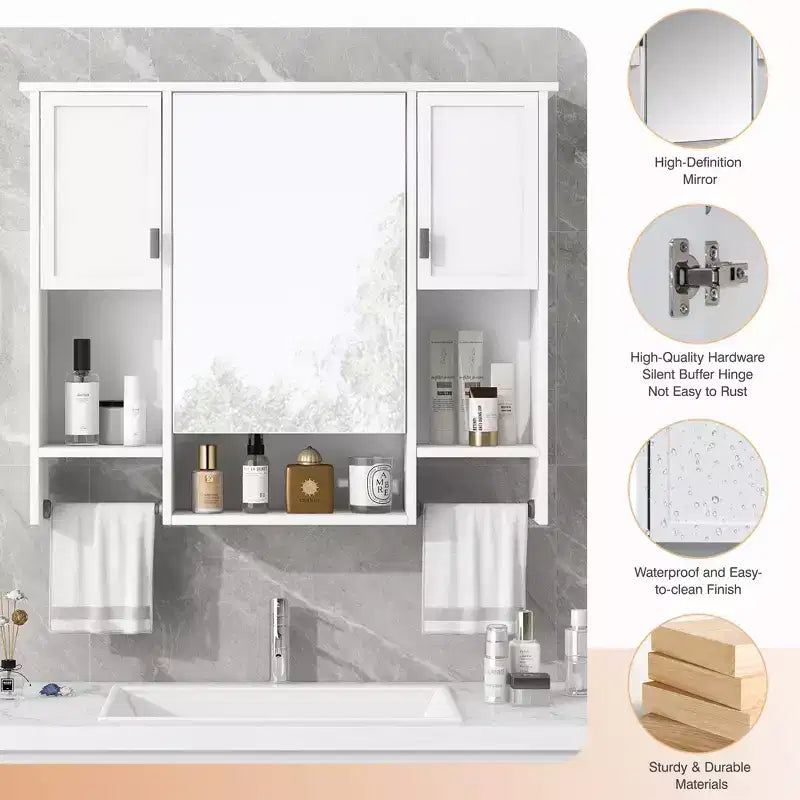 Armoire à pharmacie rectangulaire en MDF de 35 po L x 28 po H avec miroir et barre porte-serviettes pour salle de bain