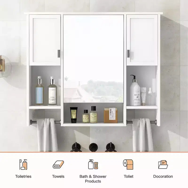 Armoire à pharmacie rectangulaire en MDF de 35 po L x 28 po H avec miroir et barre porte-serviettes pour salle de bain