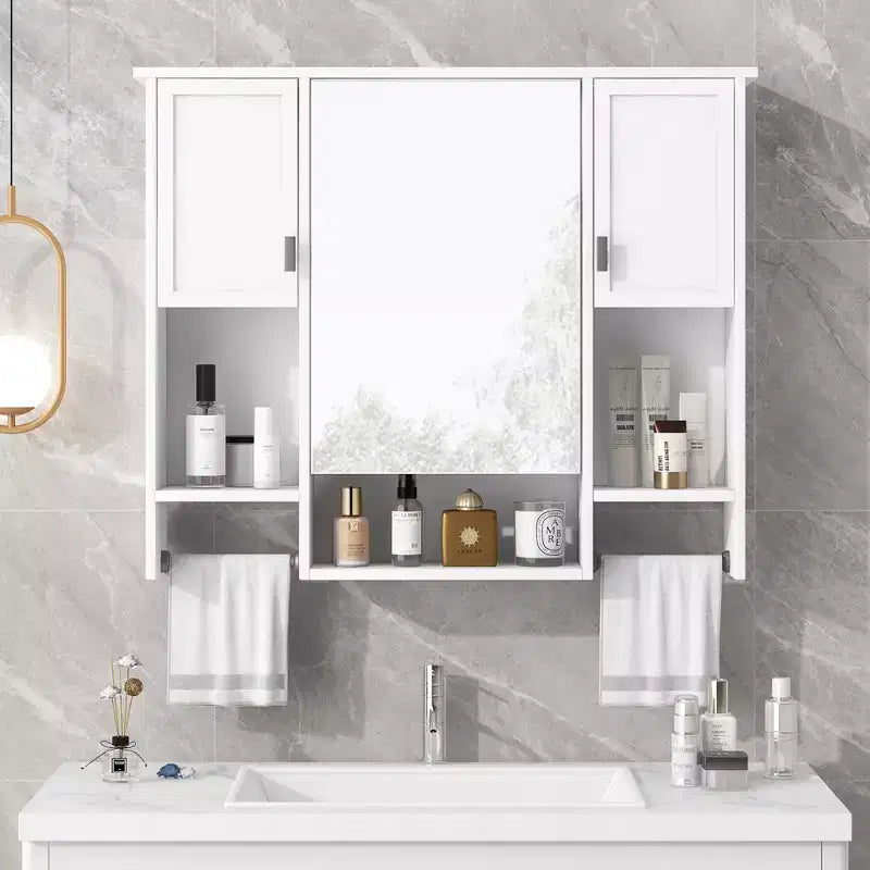 Armoire à pharmacie rectangulaire en MDF de 35 po L x 28 po H avec miroir et barre porte-serviettes pour salle de bain