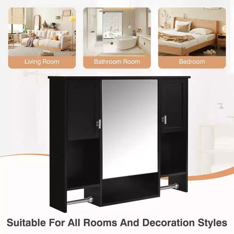 Armoire à pharmacie rectangulaire en MDF de 35 po L x 28 po H avec miroir et barre porte-serviettes pour salle de bain
