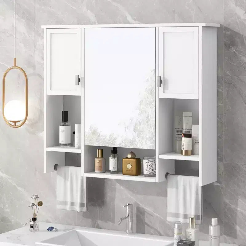 Armoire à pharmacie rectangulaire en MDF de 35 po L x 28 po H avec miroir et barre porte-serviettes pour salle de bain