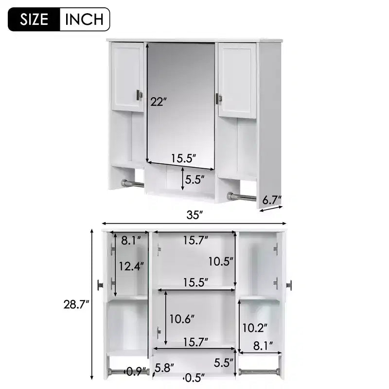 Armoire à pharmacie rectangulaire en MDF de 35 po L x 28 po H avec miroir et barre porte-serviettes pour salle de bain