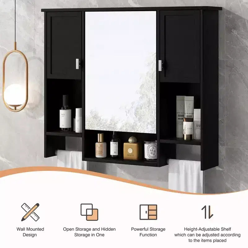 Armoire à pharmacie rectangulaire en MDF de 35 po L x 28 po H avec miroir et barre porte-serviettes pour salle de bain