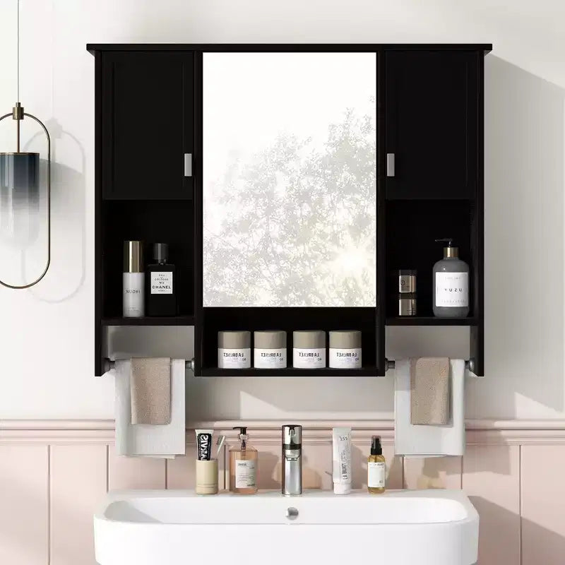 Armoire à pharmacie rectangulaire en MDF de 35 po L x 28 po H avec miroir et barre porte-serviettes pour salle de bain