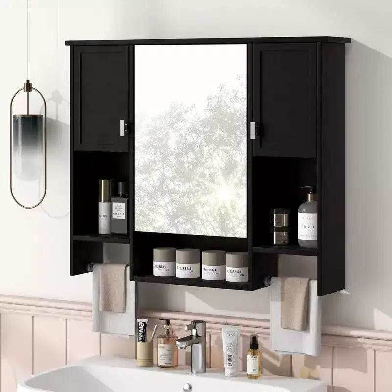 Armoire à pharmacie rectangulaire en MDF de 35 po L x 28 po H avec miroir et barre porte-serviettes pour salle de bain