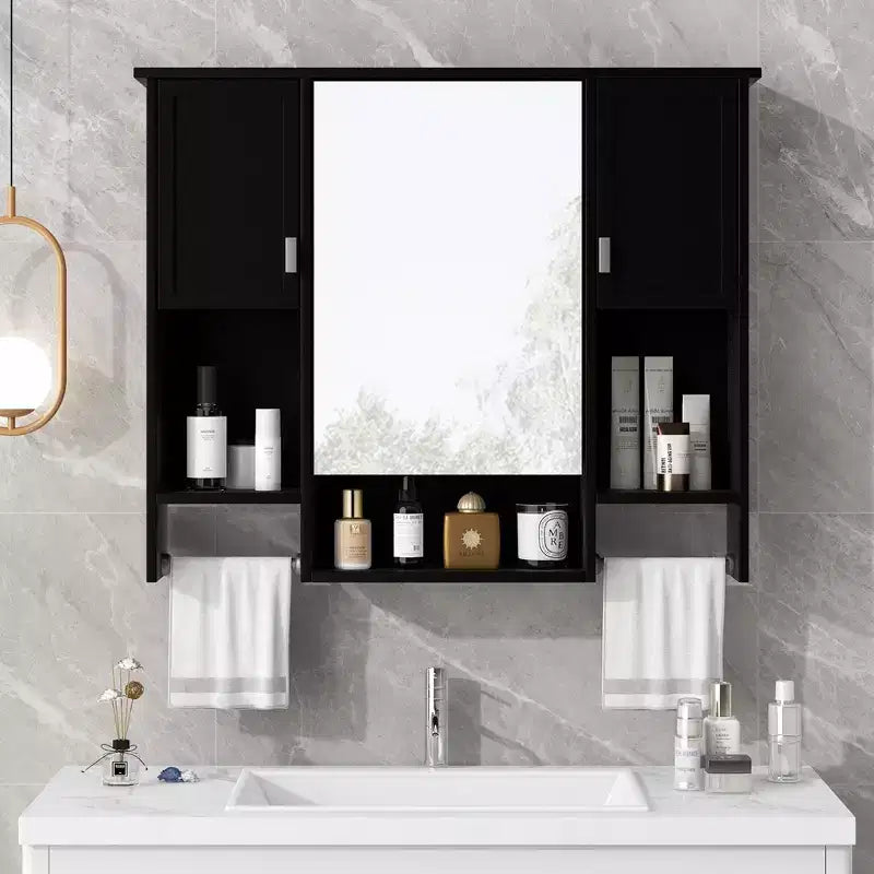 FAMYYT 35 in. W x 28 in. H Rectangular MDF Board Surface Mount Bathroom Medicine Cabinet with Mirror, Towels Bar