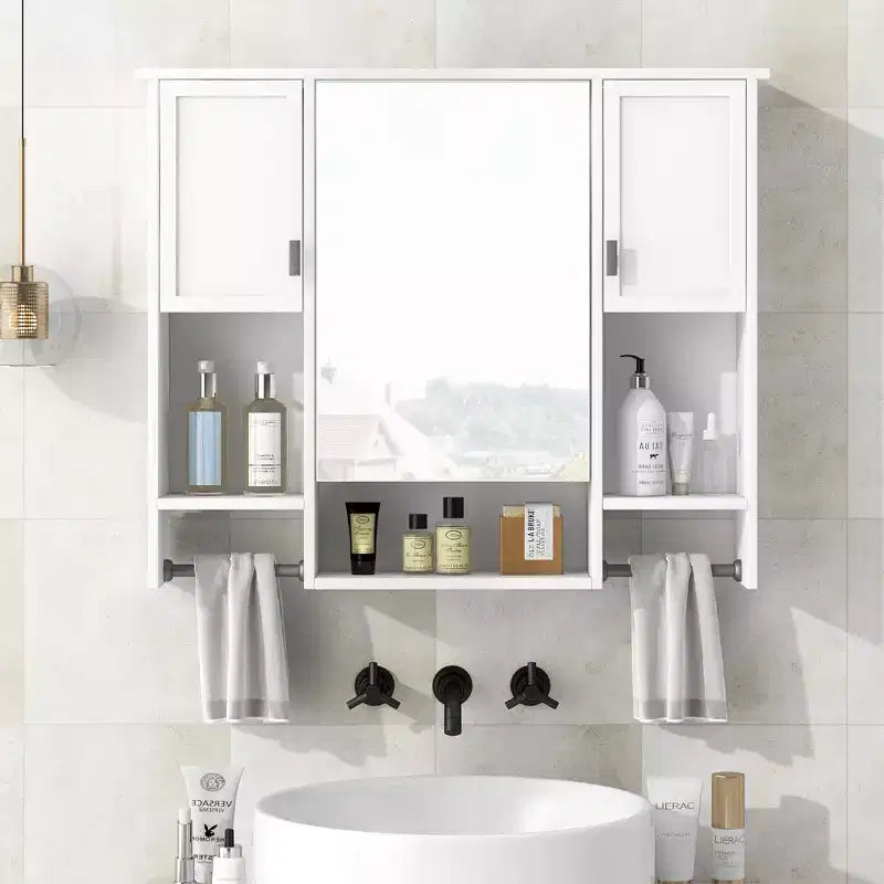 Armoire à pharmacie rectangulaire en MDF de 35 po L x 28 po H avec miroir et barre porte-serviettes pour salle de bain