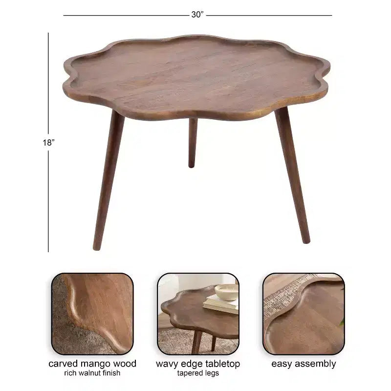 Table basse ronde en bois festonnée, 30x30x18, Noyer Marron