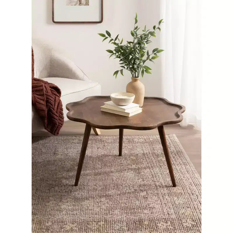 Table basse ronde en bois festonnée, 30x30x18, Noyer Marron