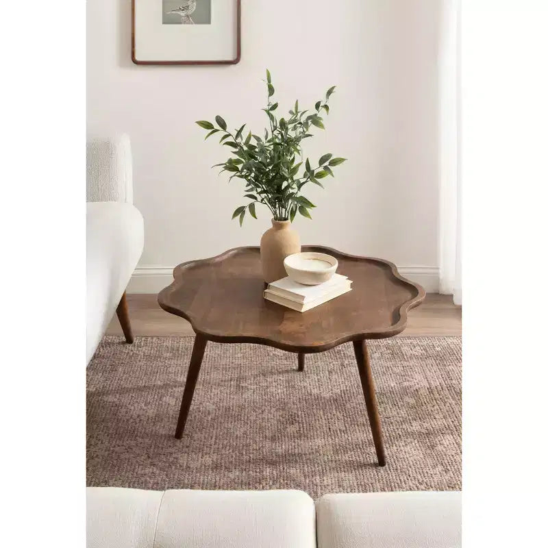 Table basse ronde en bois festonnée, 30x30x18, Noyer Marron