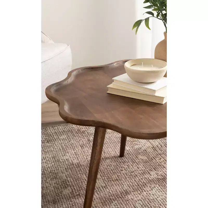 Table basse ronde en bois festonnée, 30x30x18, Noyer Marron