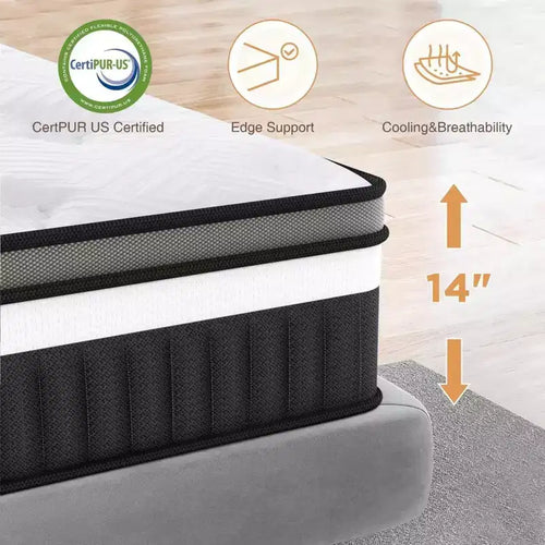 Matelas hybride 14" Queen en mousse à mémoire de forme et gel – Fermeté moyenne avec technologie rafraîchissante
