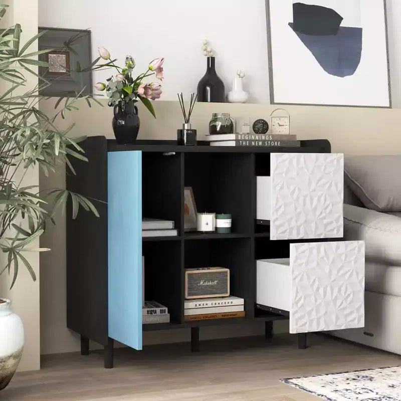 Meuble buffet-bahut, armoire de rangement noire avec portes, 2 tiroirs, 2 étagères ouvertes, meuble d'appoint pour cuisine, salle à manger, salon