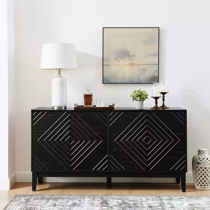 TUYOHW Buffet Cabinet,Buffet Table with Geometric Pattern,Adjustable Shelves,Outlet Holes,Sideboard TV Stand for Living Room,Kitchen,Dining Room,Black