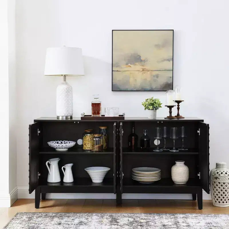 Meuble buffet avec motif géométrique, étagères réglables et trous de sortie – Meuble TV, Noir