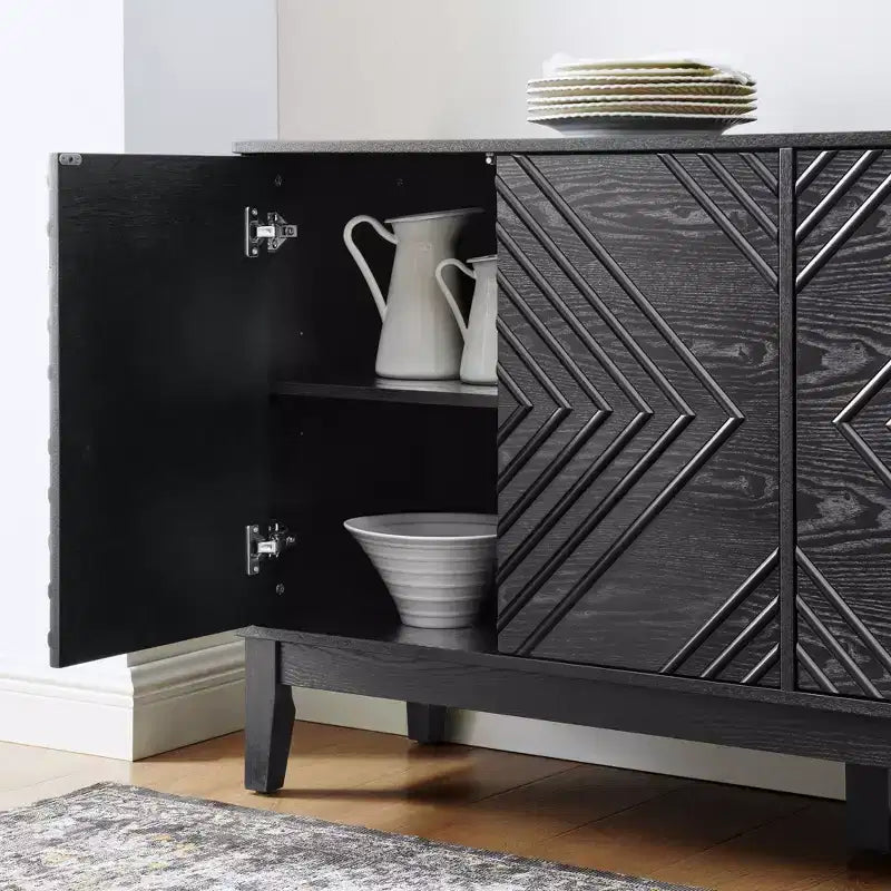 Meuble buffet avec motif géométrique, étagères réglables et trous de sortie – Meuble TV, Noir