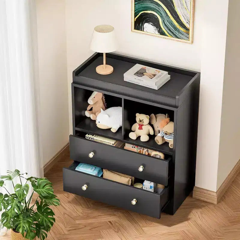 Baby Changing Table Dresser with Removable Changing Tray, Nursery Dresser with 3 Drawers, Modern Baby Changing Station & Storage for Nursery, Black