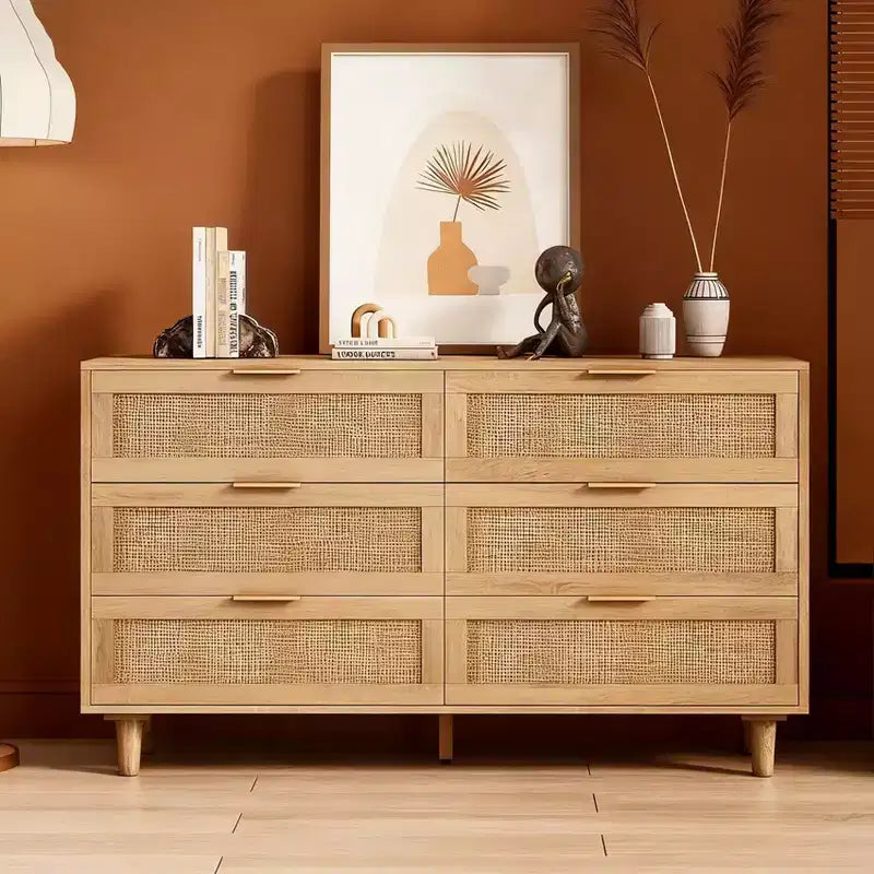 Natural Rattan Storage Cabinet with 6 Drawers, Freestanding Dresser for Bedroom & Living Room, Particle Board, 51.18