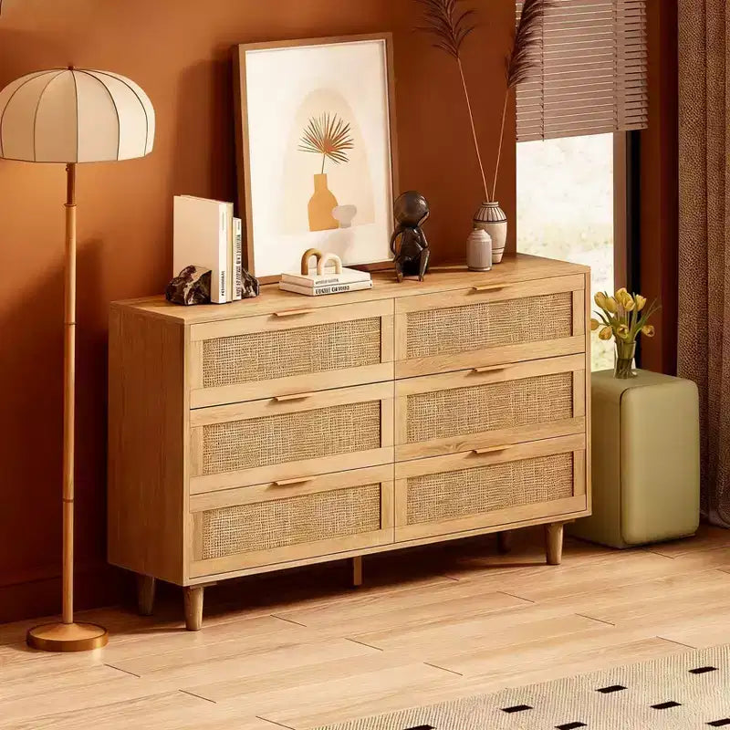 Commode de rangement en rotin naturel avec 6 tiroirs, commode autoportante pour chambre et salon, panneaux de particules, 51,18